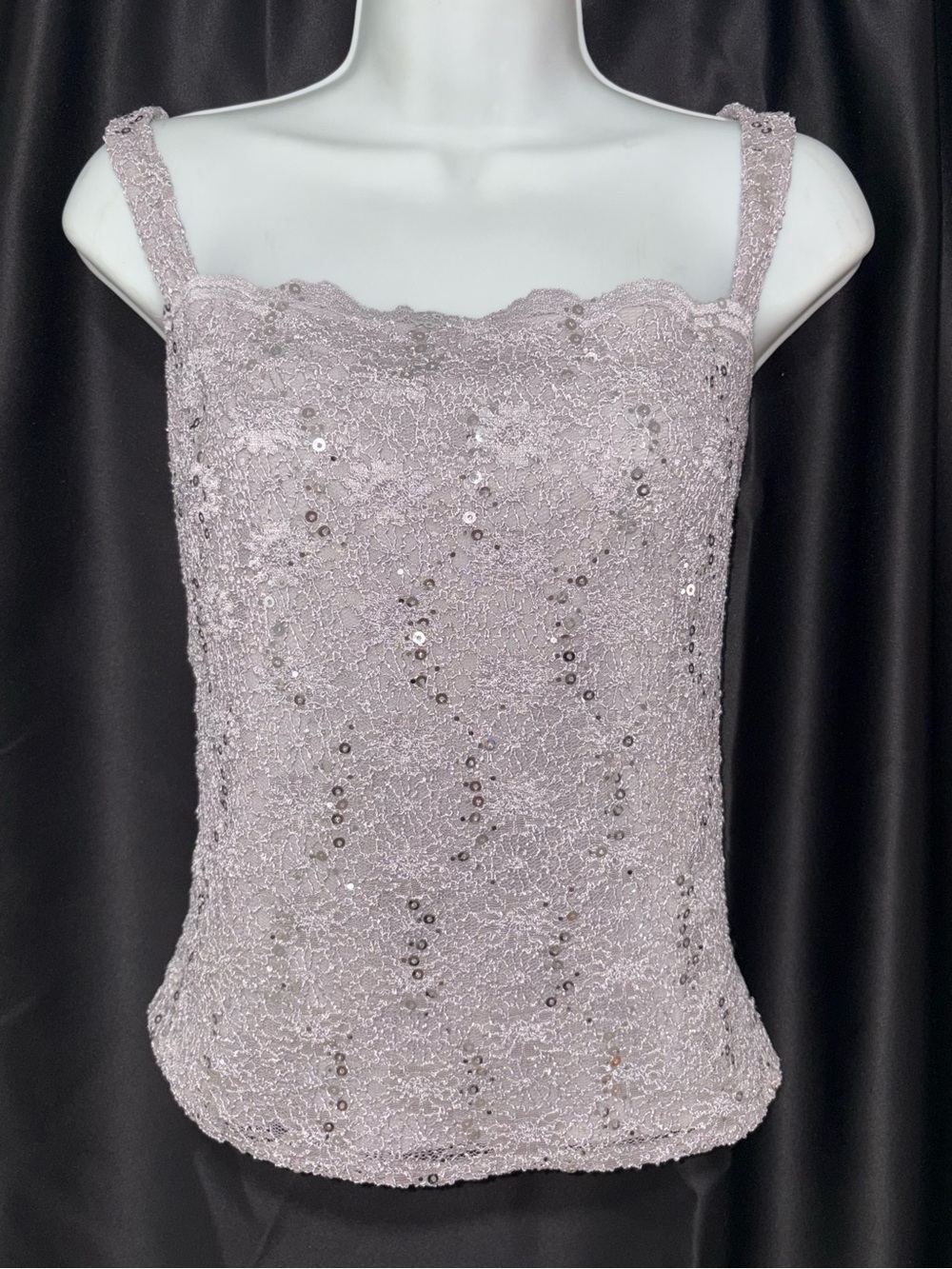Women’s Vintage Y2K Silver Sequin Lace Cami Tank Top L